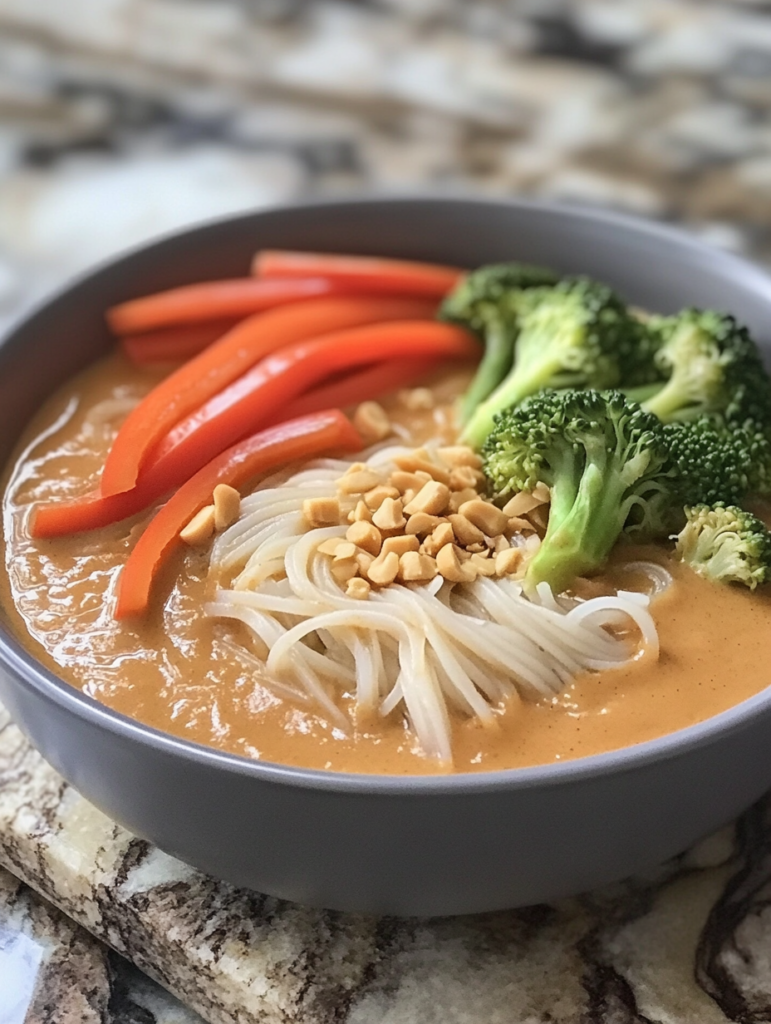 Hearty rice noodles in a flavorful broth, garnished with vegetables and herbs, making a wholesome vegan soup recipe.