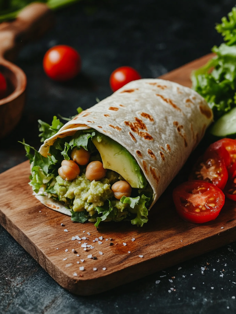 A vegan avocado and chickpea wrap on a cutting board, with mashed avocado, chickpeas, lettuce, and tomato, offering a delicious Chickpea Caesar Wrap lunch option.