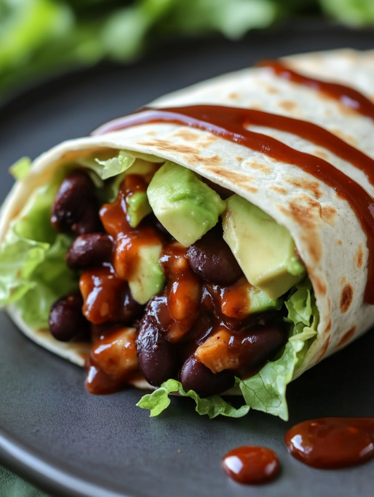 A vegan BBQ bean wrap with smoky black beans, BBQ sauce, lettuce, and avocado, resembling a comforting vegan burrito-style wrap for a hearty lunch.