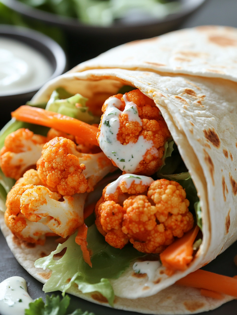 A spicy buffalo cauliflower wrap with roasted cauliflower, vegan ranch, lettuce, and carrots, perfect for those who love spicy Caesar salad wraps or vegan burritos recipes.