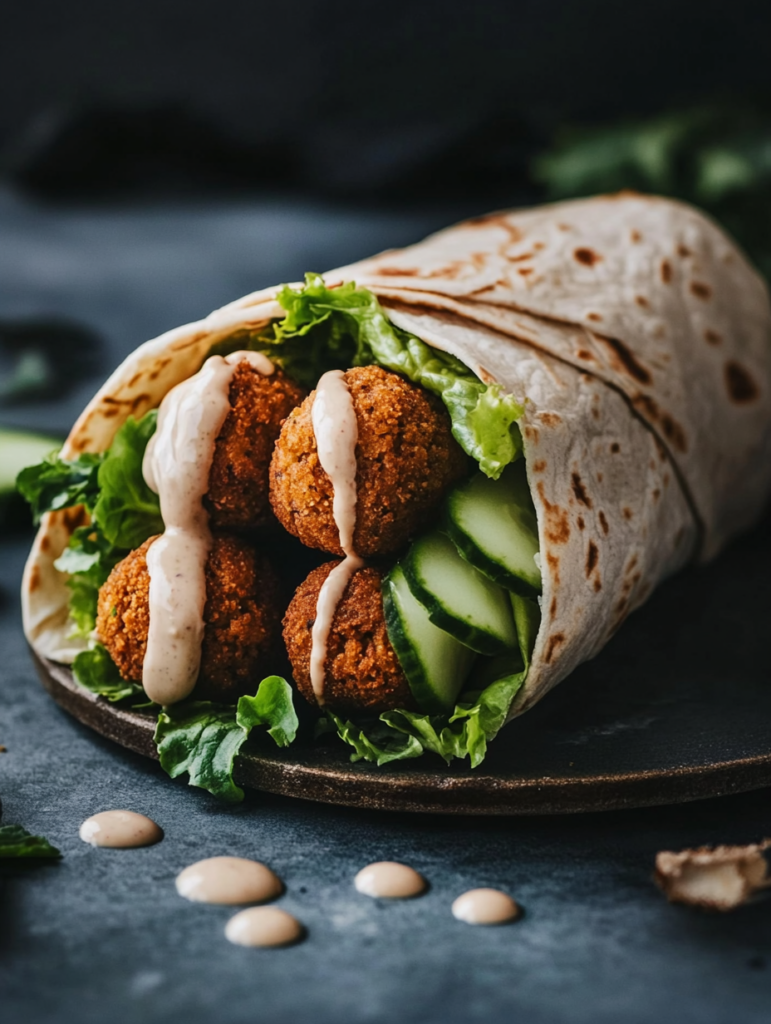 A vegan falafel and tahini wrap with crispy falafel, cucumber, and tahini sauce, wrapped in a soft tortilla, inspired by Mediterranean wraps and vegan Mediterranean flavors.