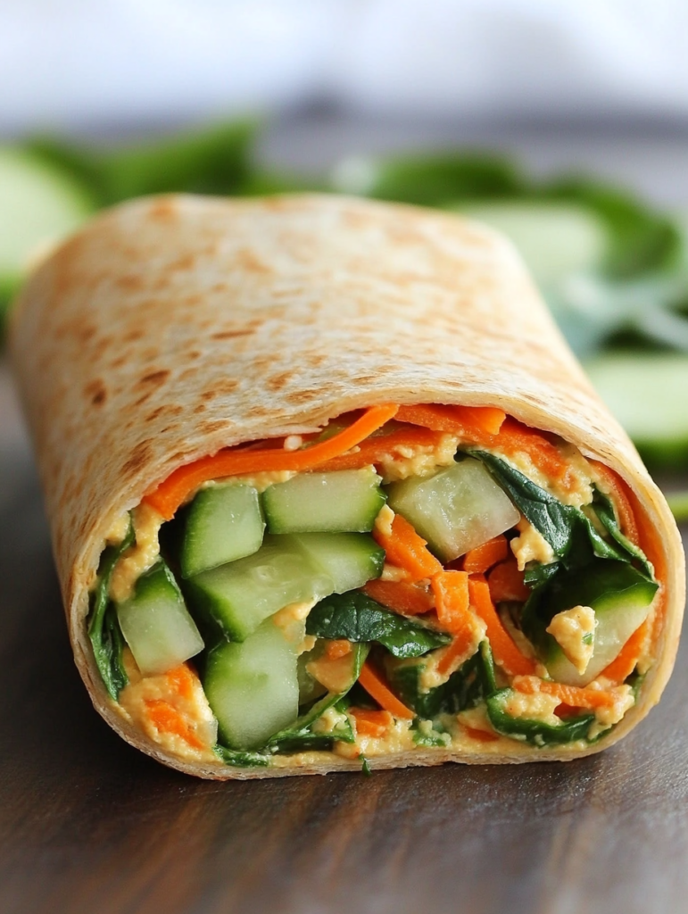 A colorful vegan hummus and veggie wrap filled with fresh cucumber, carrots, spinach, and bell pepper, showcasing a healthy vegan sandwich perfect for lunch.