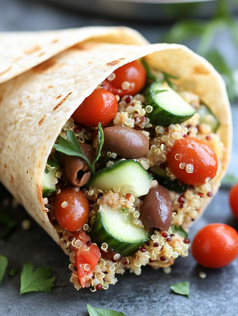 A Mediterranean quinoa wrap with cooked quinoa, cucumber, tomatoes, hummus, and olives, a protein-packed vegan Mediterranean wrap with vegan tzatziki flavors.