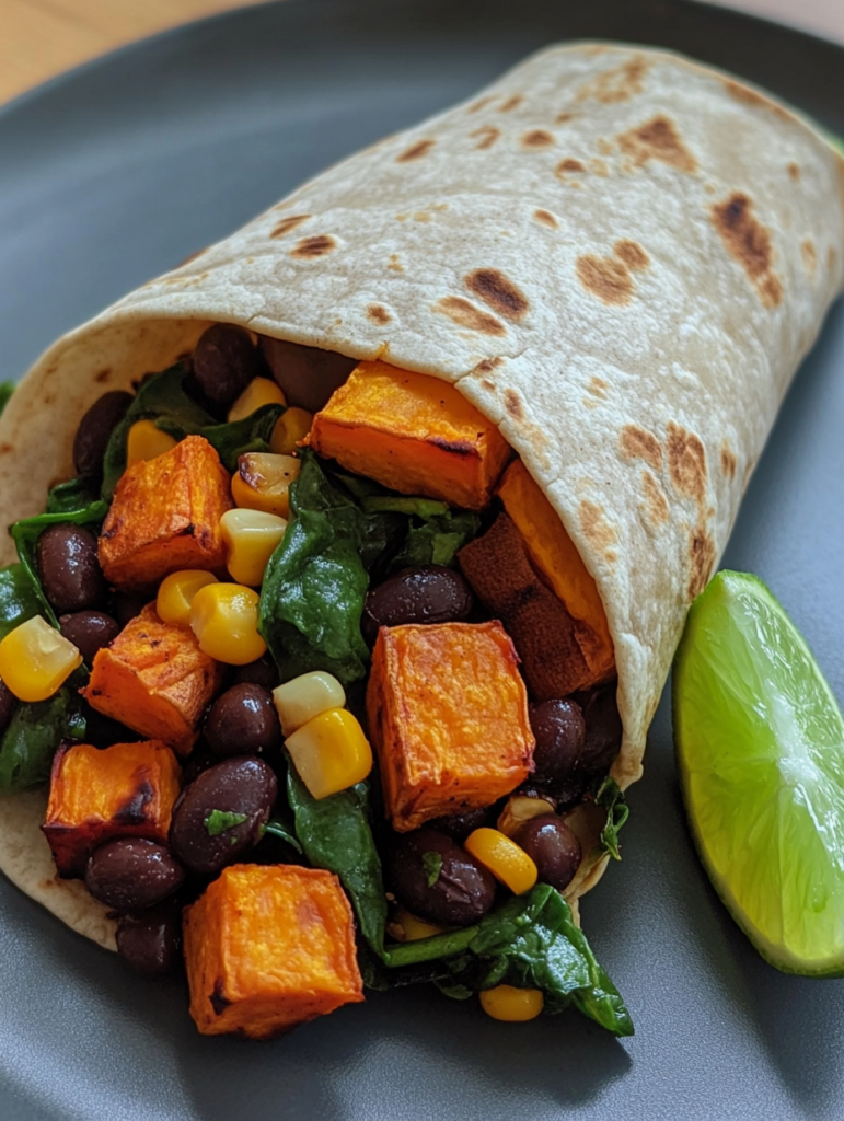 A vegan sweet potato and black bean wrap with roasted sweet potato, black beans, spinach, and corn, showing a colorful salad wrap that's a healthier option for lunch.