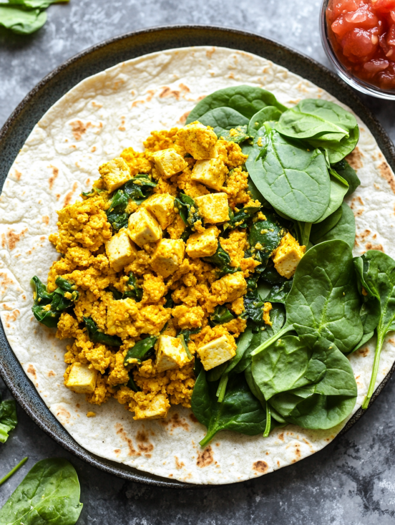 A vegan tofu scramble wrap for breakfast or lunch, with turmeric-spiced tofu, spinach, and salsa, a great healthy wrap idea for vegan lunch recipes.