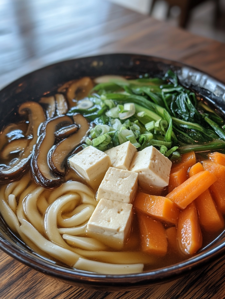 A steaming bowl of ramen curry soup, featuring thick noodles, tofu, and a savory broth, perfect for cold days.