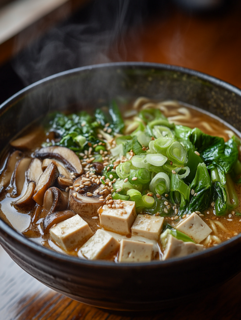 Golden Thai curry chicken noodle soup made vegan, with creamy coconut curry broth and rice noodles.