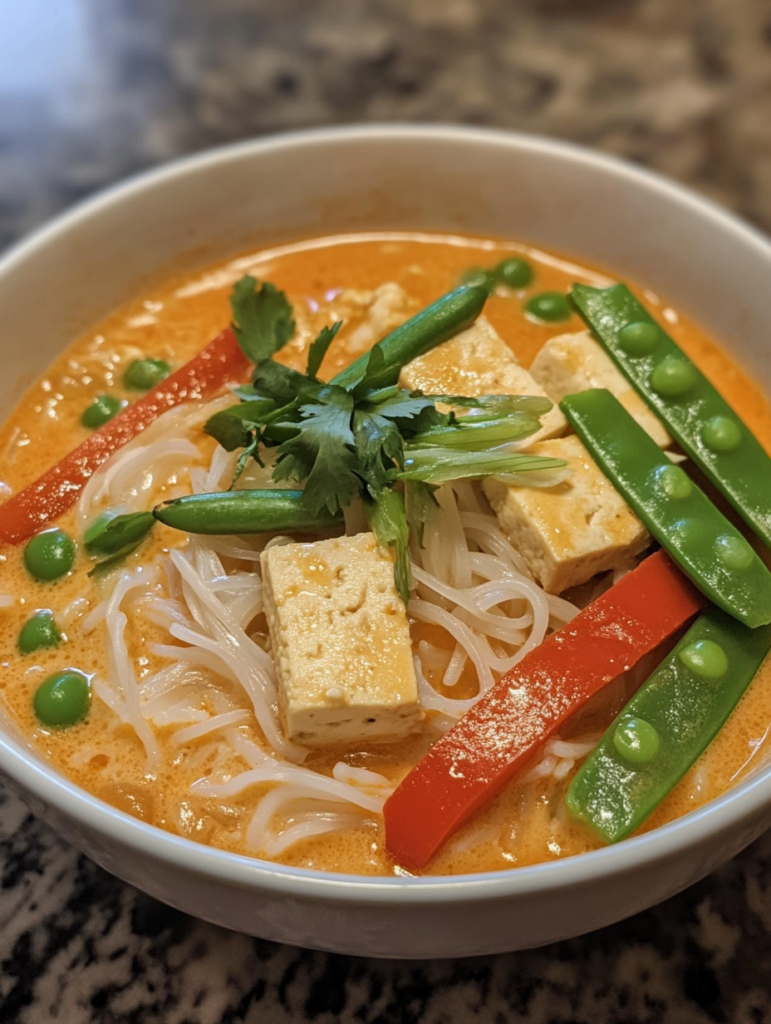 Rich and creamy red Thai noodle soup with fresh herbs and vegetables, served hot and steaming.