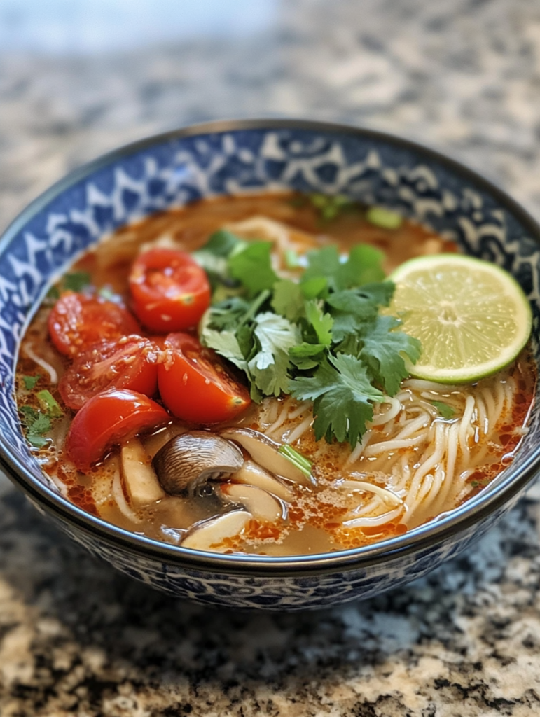 A cozy and delicious vegan Asian noodle soup, inspired by Thai and Japanese flavors, with fresh vegetables and chewy noodles.