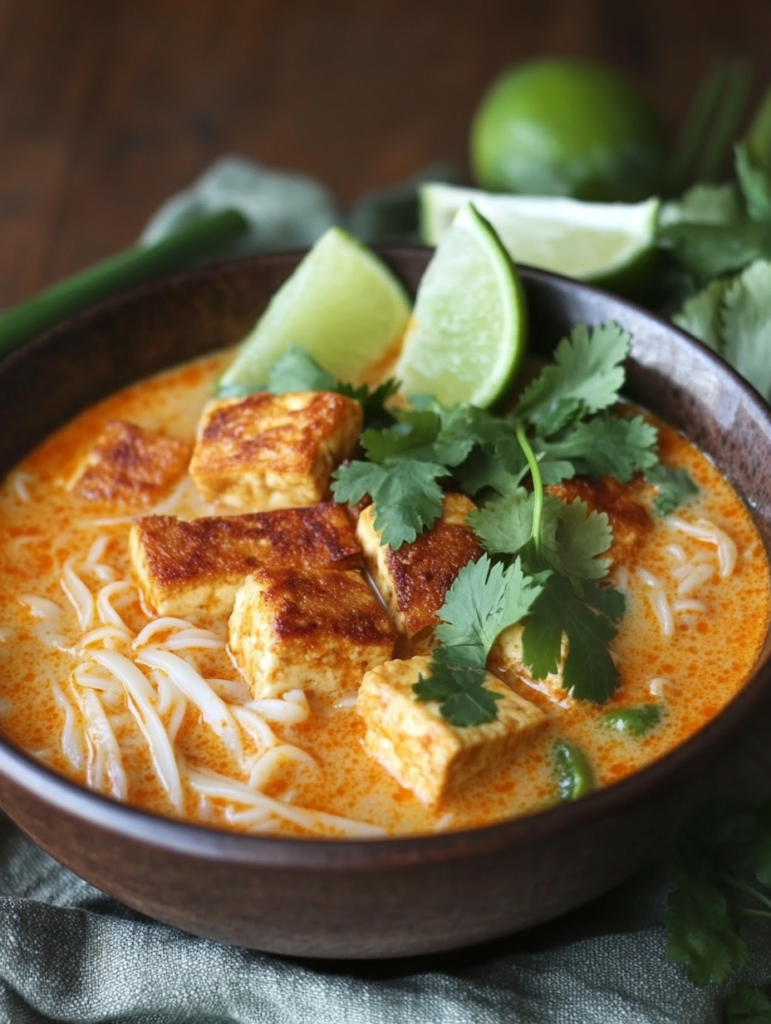 A vibrant bowl of Thai red curry noodle soup with tofu, vegetables, and a hint of spice, ideal for a cozy dinner.