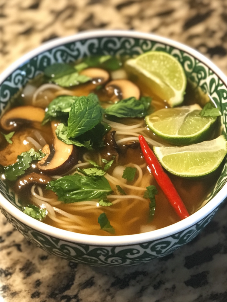 A bowl of vegan Thai noodle soup, featuring vegetables, rice noodles, and a flavorful broth, perfect for a comforting meal.