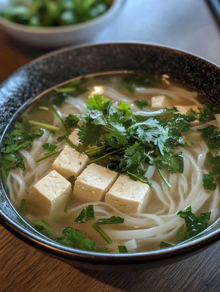 Vegan Thai basil noodle soup with a savory broth, fresh vegetables, and rice noodles for a light and tasty dish.