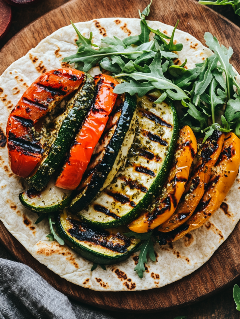 A grilled veggie and pesto wrap featuring grilled zucchini, bell pepper, arugula, and vegan pesto, a tasty vegan lunch recipe inspired by Mediterranean flavors.