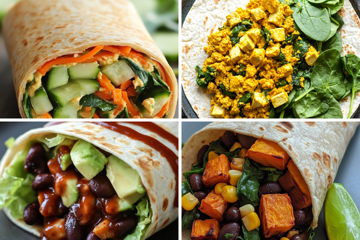 A colorful vegan hummus and veggie wrap filled with fresh cucumber, carrots, spinach, and bell pepper, showcasing a healthy vegan sandwich perfect for lunch.