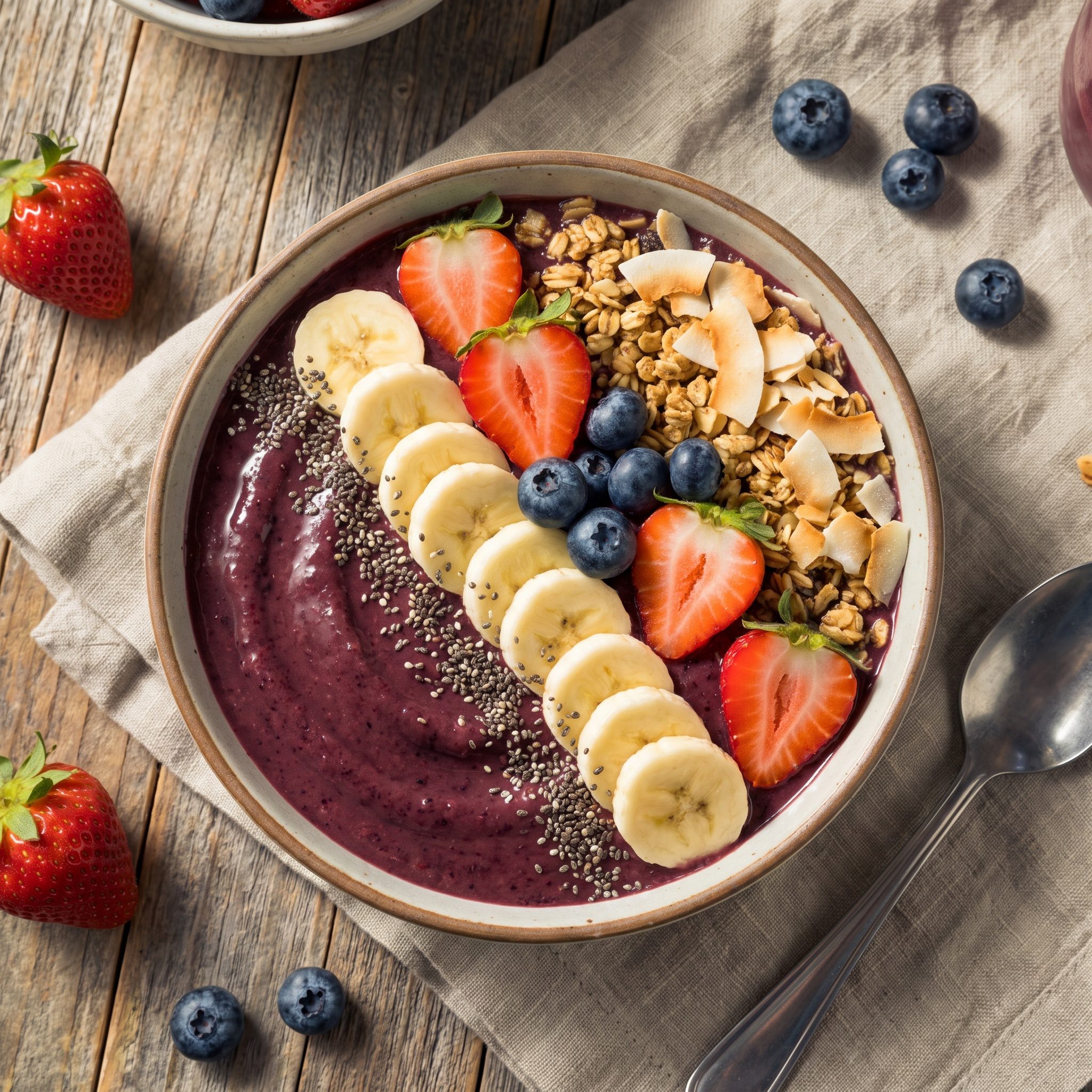 Vegan berry smoothie bowl topped with sliced banana, granola, coconut, chia seeds, and berries