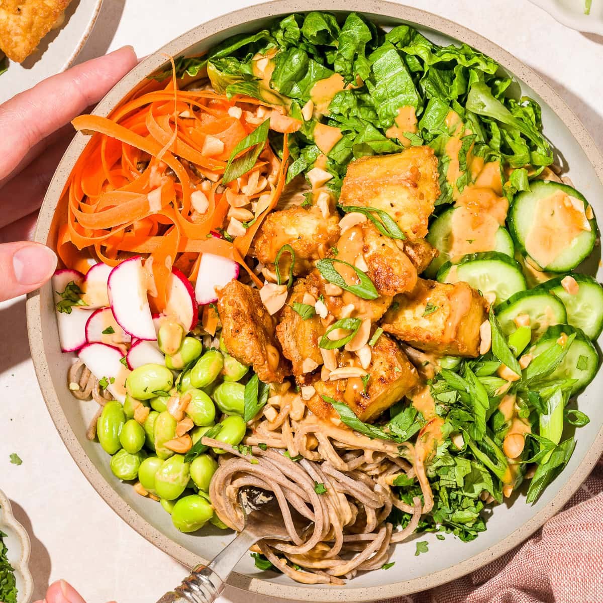 Peanut noodle bowl with crispy tofu and vegetables
