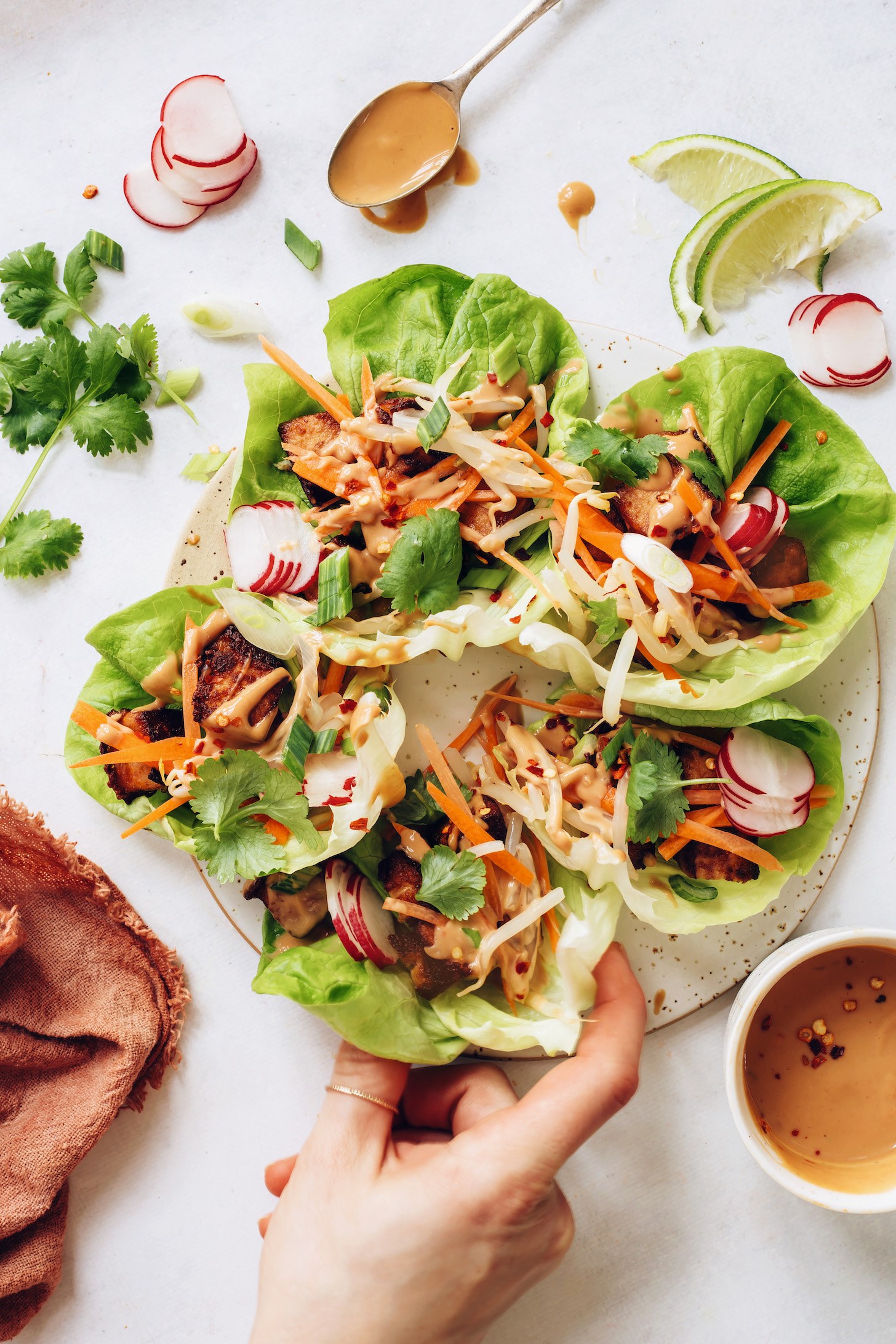 Crispy tofu lettuce wraps filled with fresh vegetables and topped with peanut sauce