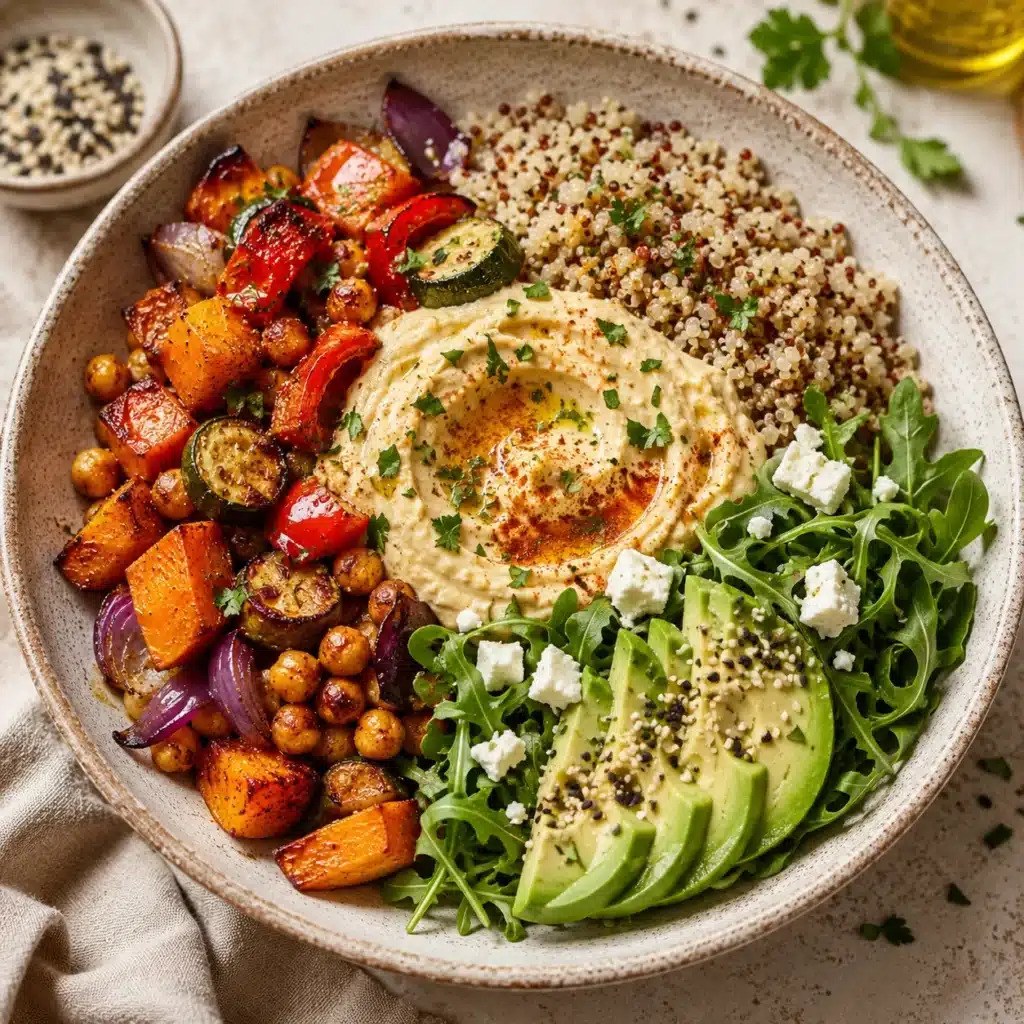 Hummus topped with roasted vegetables and chickpeas in a colourful grain bowl