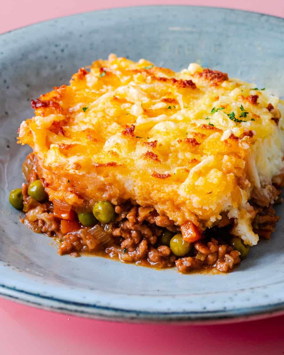 Vegan mushroom and walnut cottage pie with a golden mashed potato topping