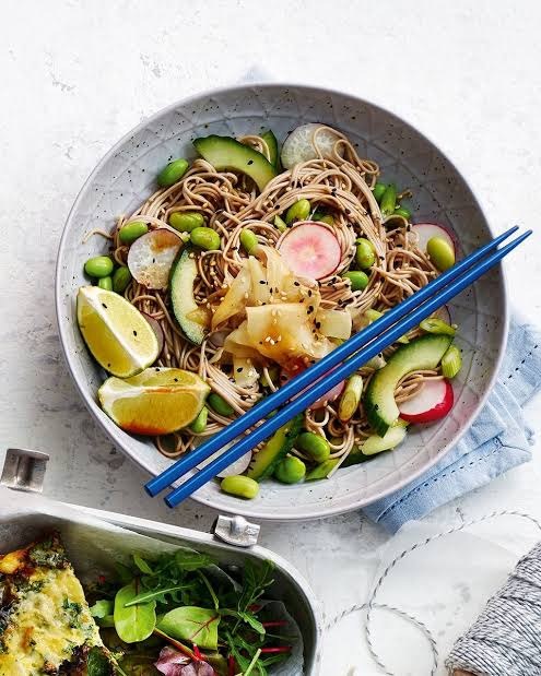 Soba noodle salad with edamame, tofu and colourful shredded vegetables