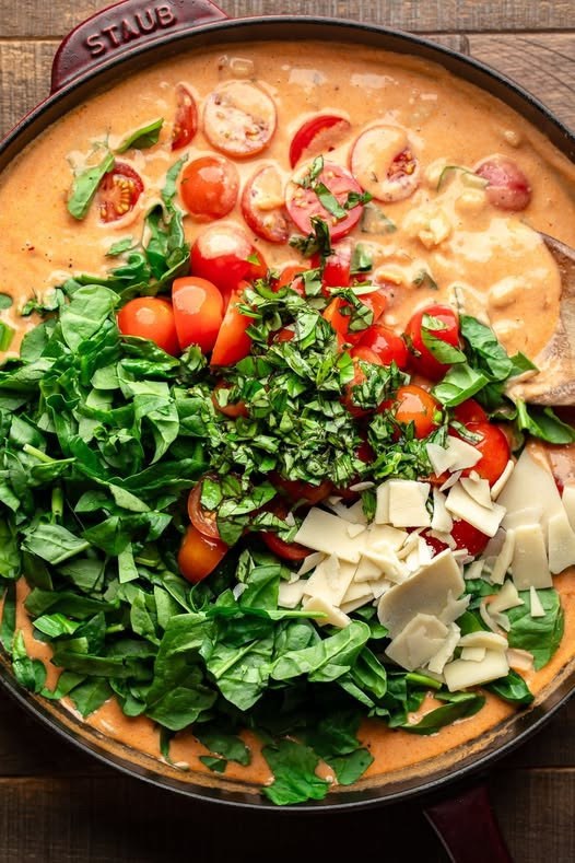 Creamy Tuscan white beans with tomatoes and basil served in a skillet