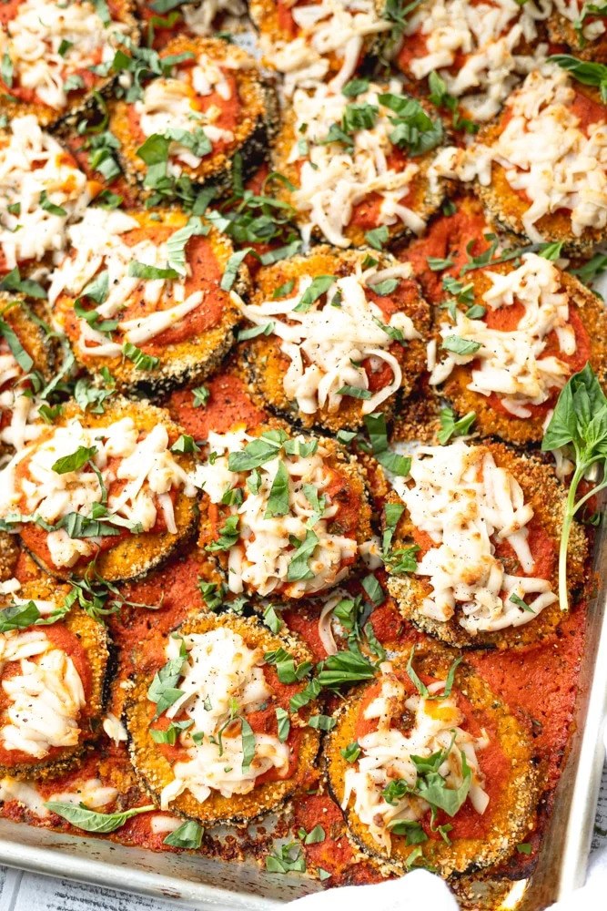 Baked vegan eggplant layered with rich tomato sauce and creamy cashew ricotta